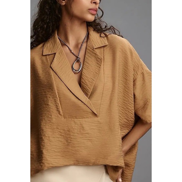 ANTHROPOLOGIE The Dylon Short Sleeve Wide Placket Top Women's Size XL. Mustard - Picture 2 of 7